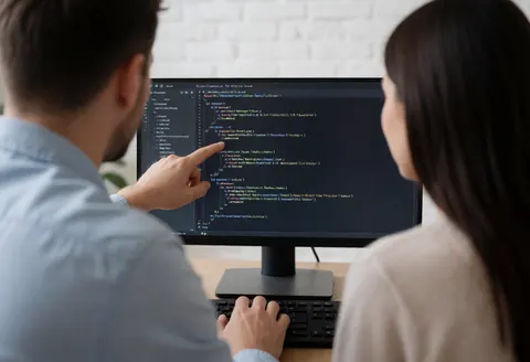 Instructor points to a line of code on a monitor while a student types on a keyboard in a coding course setting.