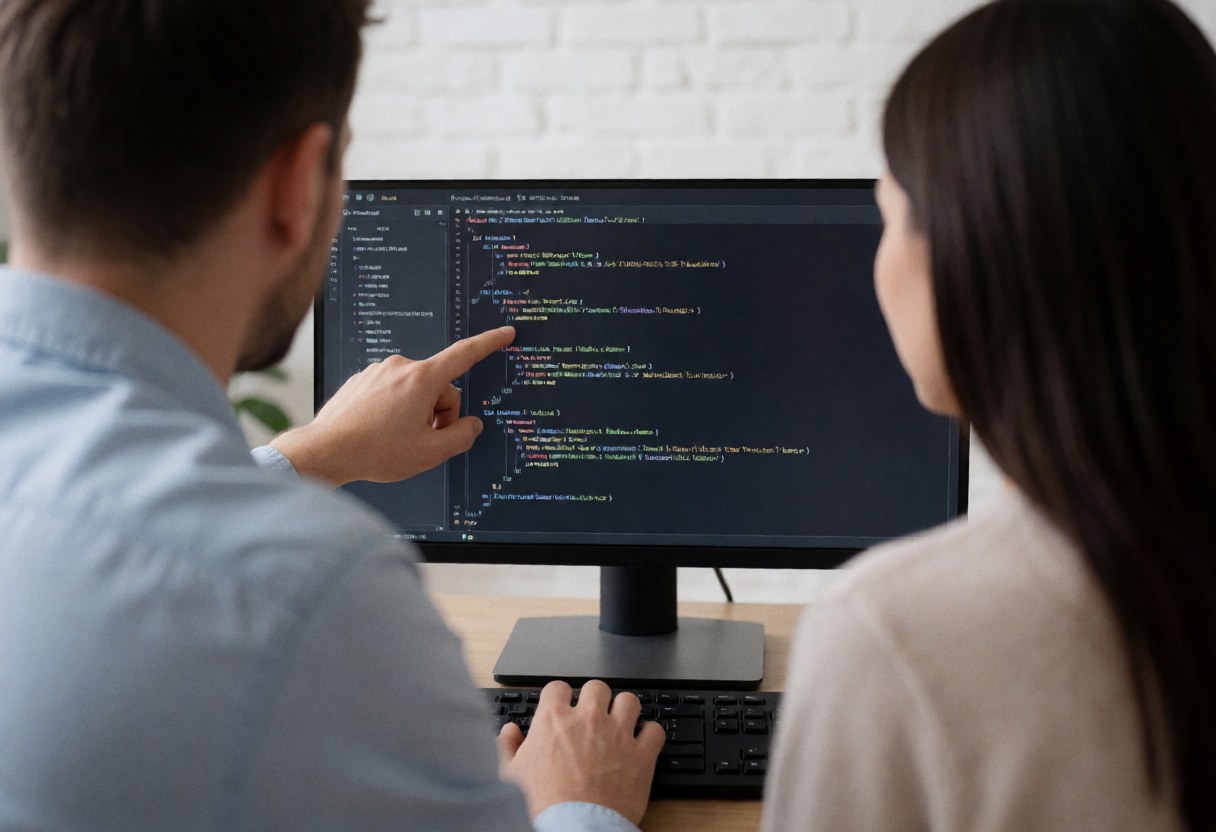 Instructor points to a line of code on a monitor while a student types on a keyboard in a coding course setting.
