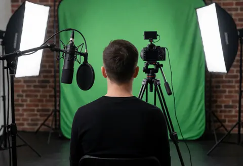 Programming instructor in a studio with a green screen, tripod camera, professional microphone, red brick wall, and soft lighting