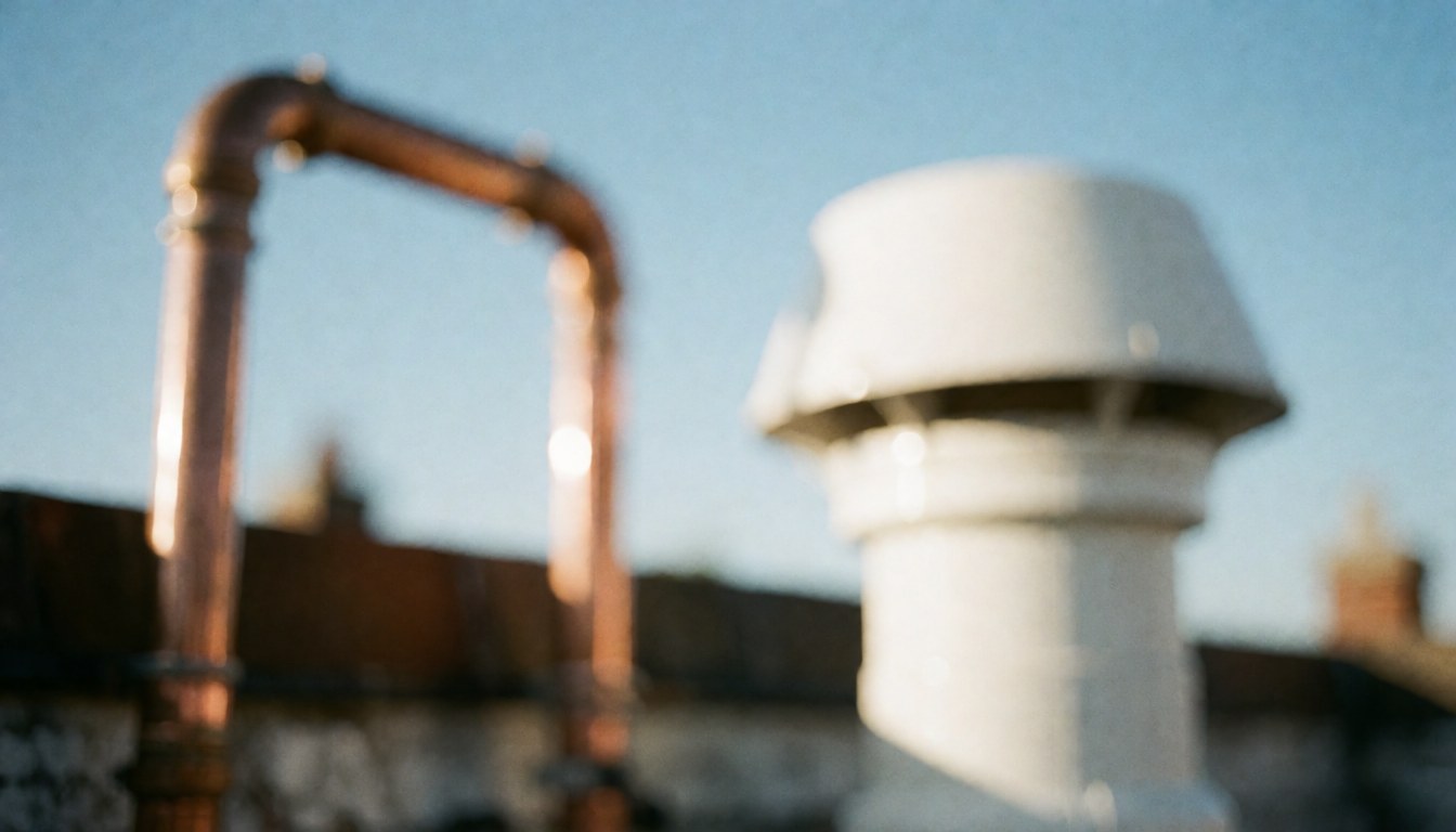 Blurred background of a rooftop with copper pipes and white conduit against a clear blue sky, suitable for commercial text overlays.