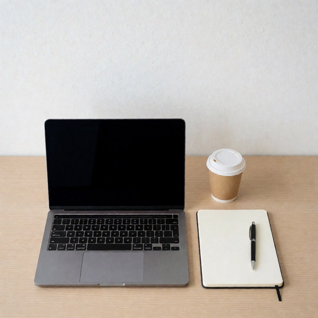 Top view of a closed laptop, blank notebook, and coffee cup on a desk for coding courses