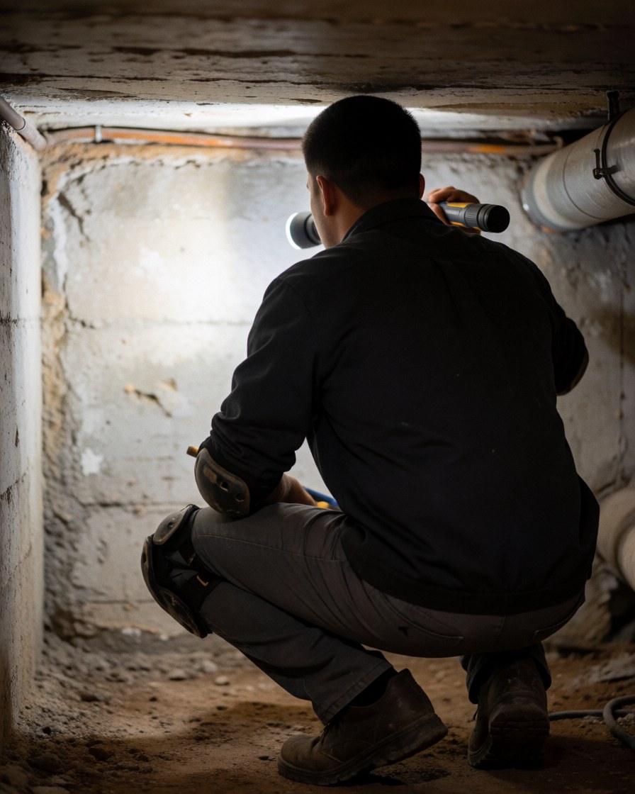 A plumber wearing knee pads and holding a flashlight inspects pipes in a basement with concrete walls and a dirt floor.