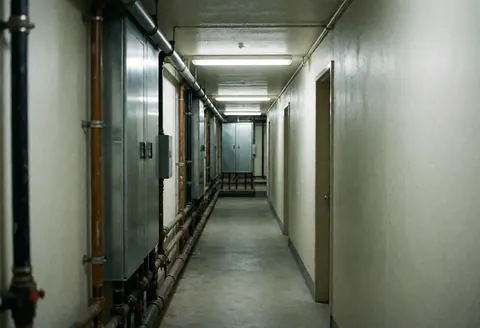 Metal pipes, access panels, and fluorescent lights in a building service corridor, suitable for pipe repair contexts