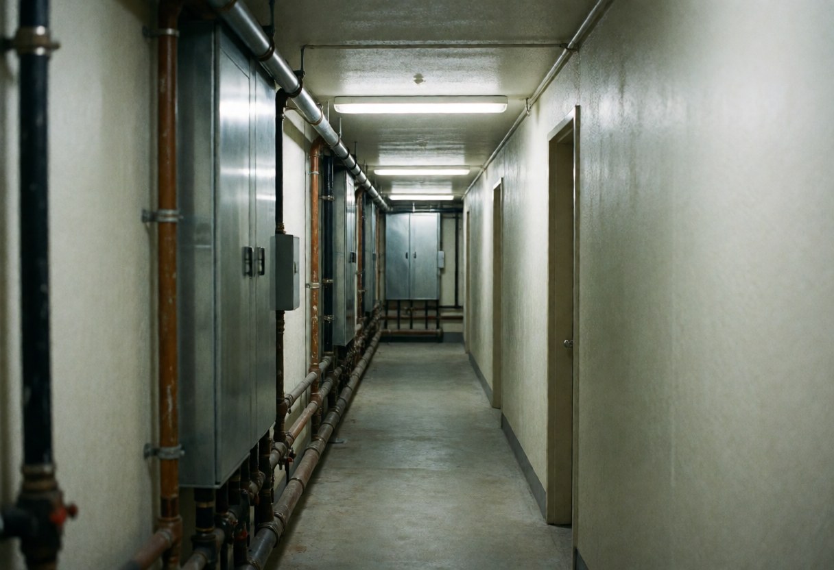 Metal pipes, access panels, and fluorescent lights in a building service corridor, suitable for pipe repair contexts