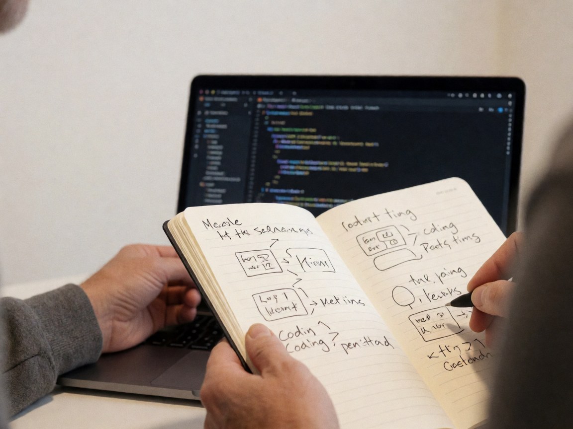 Close-up of handwritten programming notes and a laptop screen displaying code diagrams on a desk.