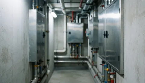 Industrial corridor featuring exposed metal pipes, access panels, and concrete walls under artificial lighting, suitable as a text background