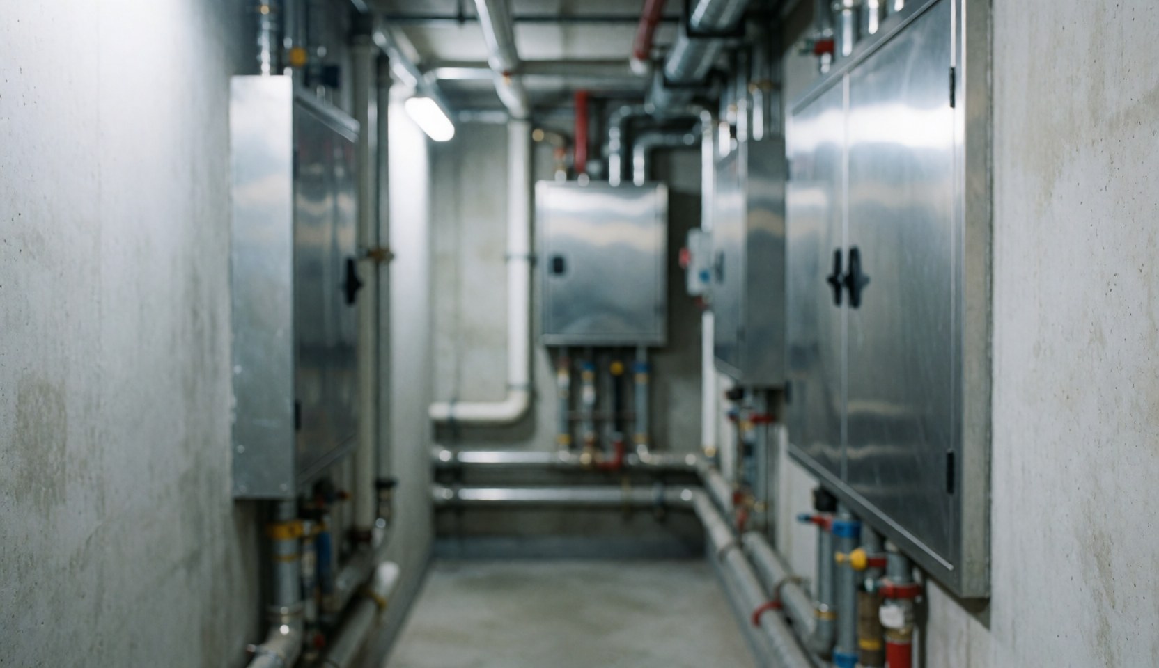 Industrial corridor featuring exposed metal pipes, access panels, and concrete walls under artificial lighting, suitable as a text background