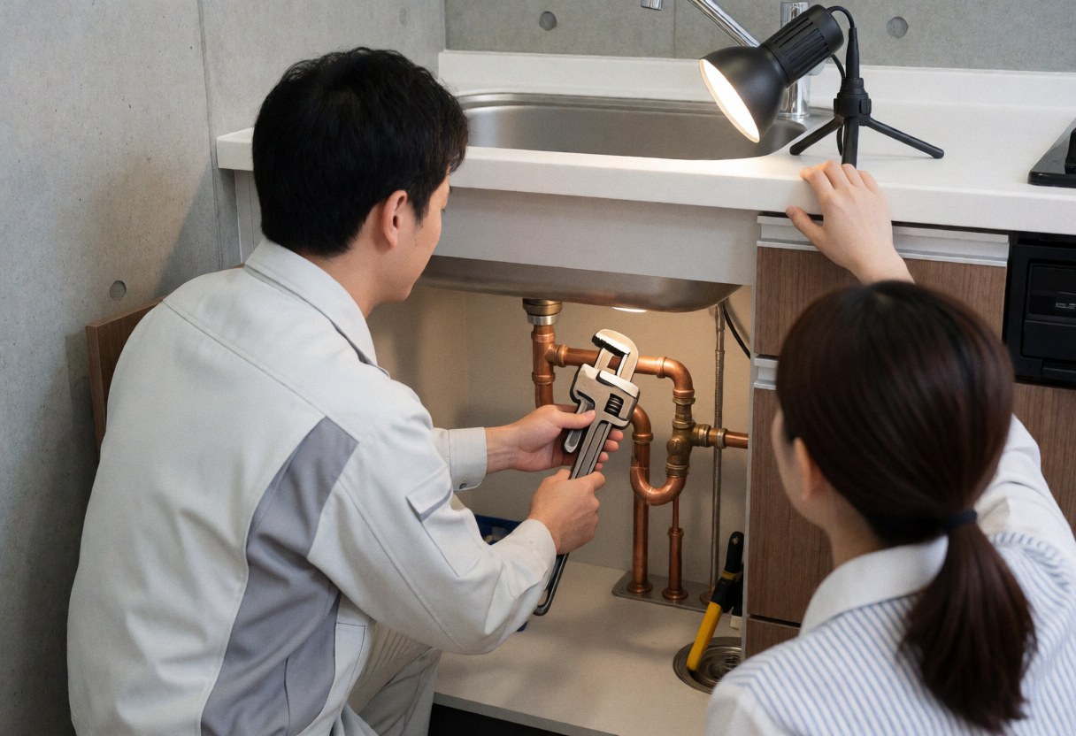 Plumber in white uniform adjusting copper pipe under kitchen sink with portable light while a woman watches from behind