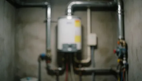 Out-of-focus industrial room featuring a boiler and metal pipes against concrete walls with dim lighting, suitable for commercial text overlay