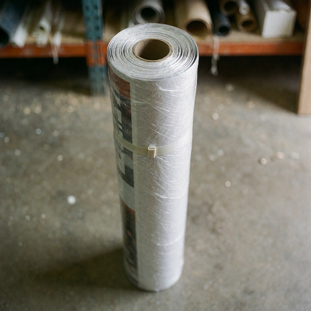 A large roll of vinyl material wrapped in clear protective plastic, ready for transport in a printing workshop.