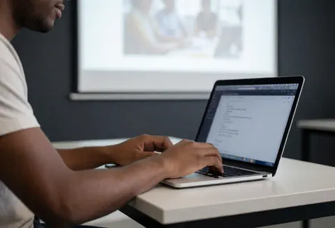 Adult student writing code on a laptop with a projector visible in the background of a programming class setting.