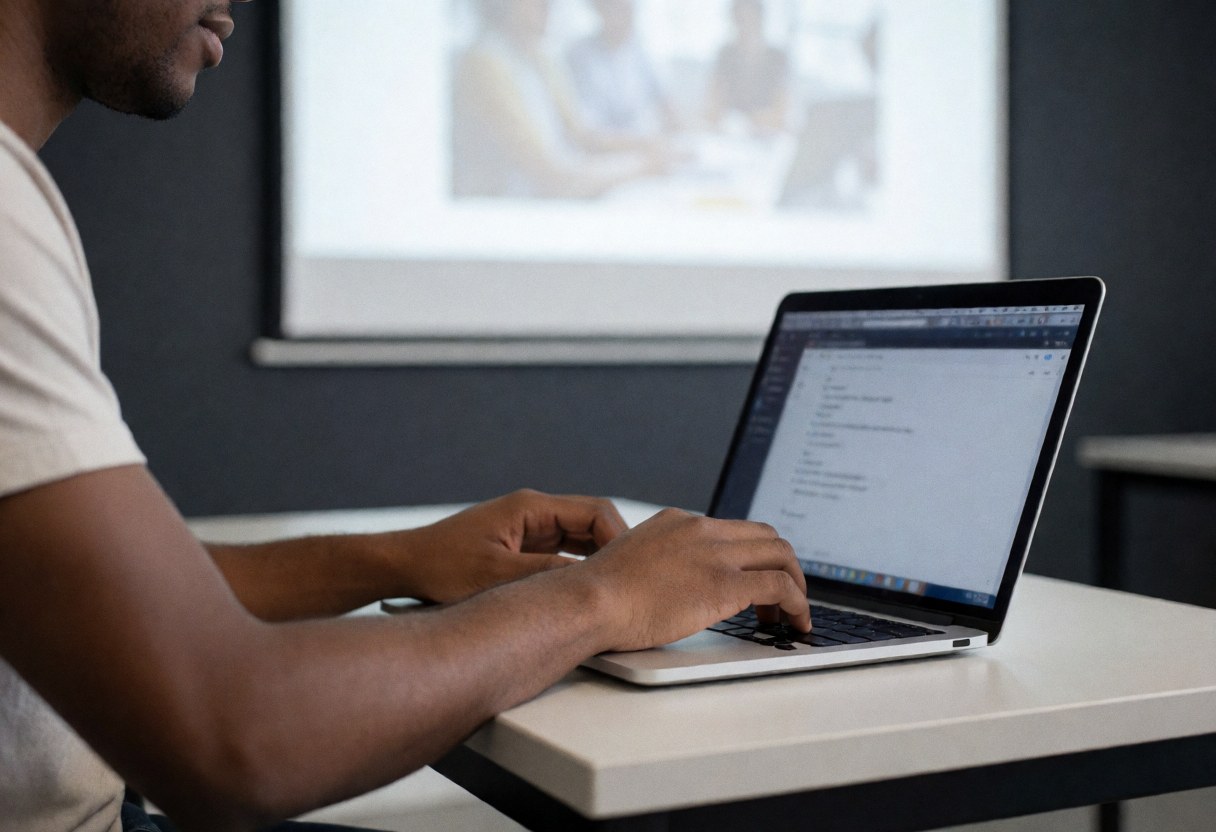 Adult student writing code on a laptop with a projector visible in the background of a programming class setting.