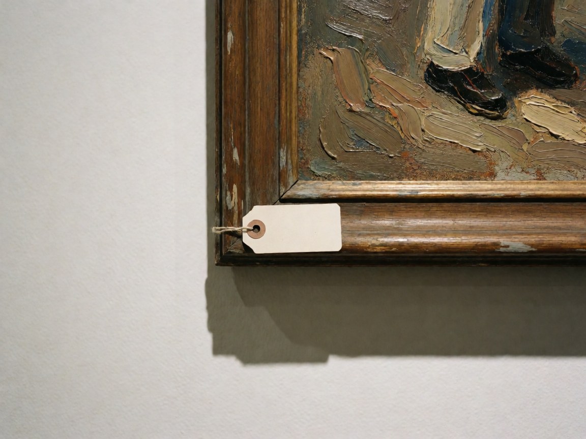 Detailed view of a textured oil painting in a wooden frame with a white price tag hanging from it.