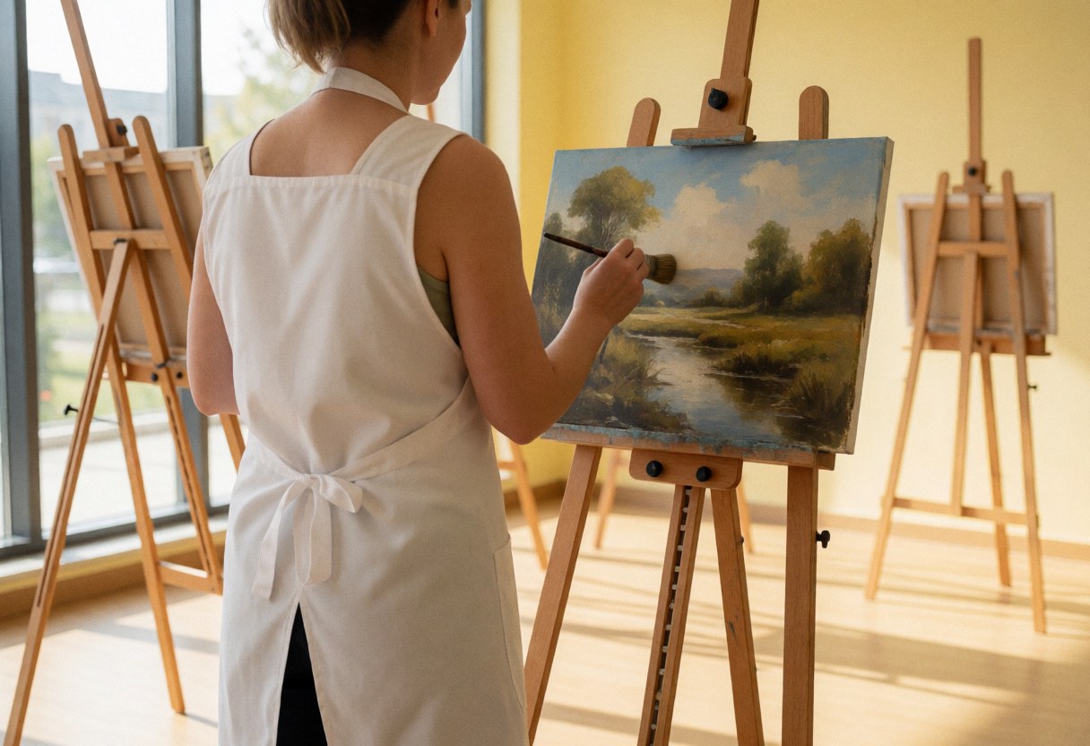 Artist painting landscape on easel in studio with natural light from window