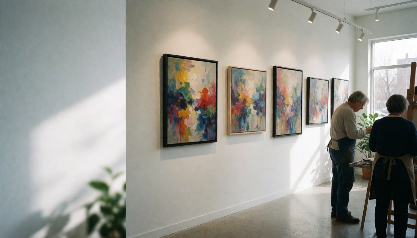 Two artists wearing aprons working in an art studio with abstract paintings on the wall, natural light and spotlights, polished concrete floor, empty space on the left for text.