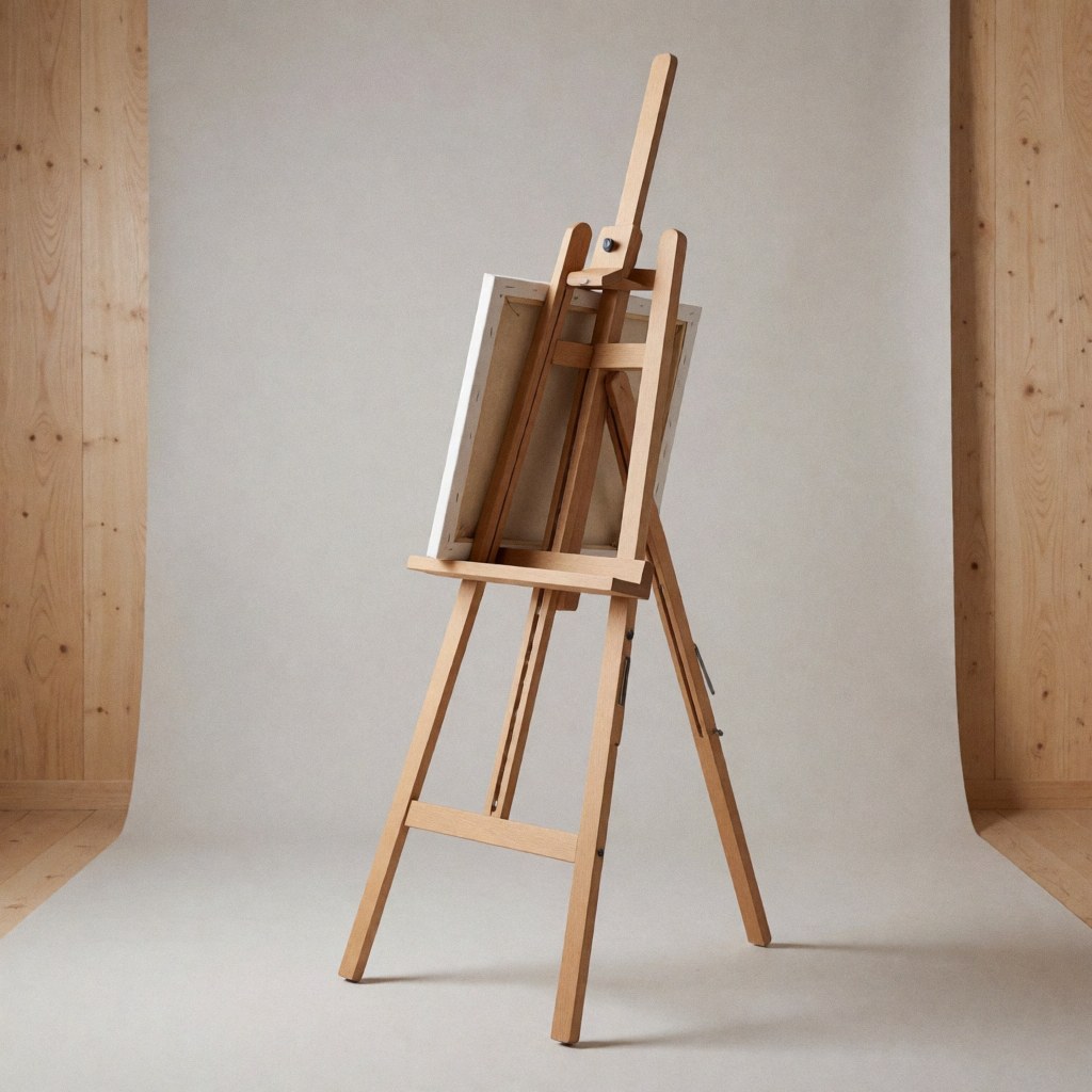 Wooden art easel holding a blank canvas, set against a neutral gray wall and wooden panel background for creative spaces