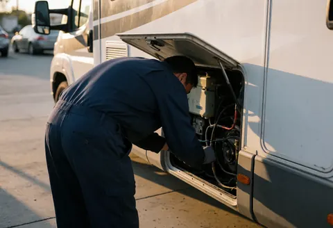 Technician in blue uniform checking pipes and motorhome components in a lot at sunset with warm light and long shadows