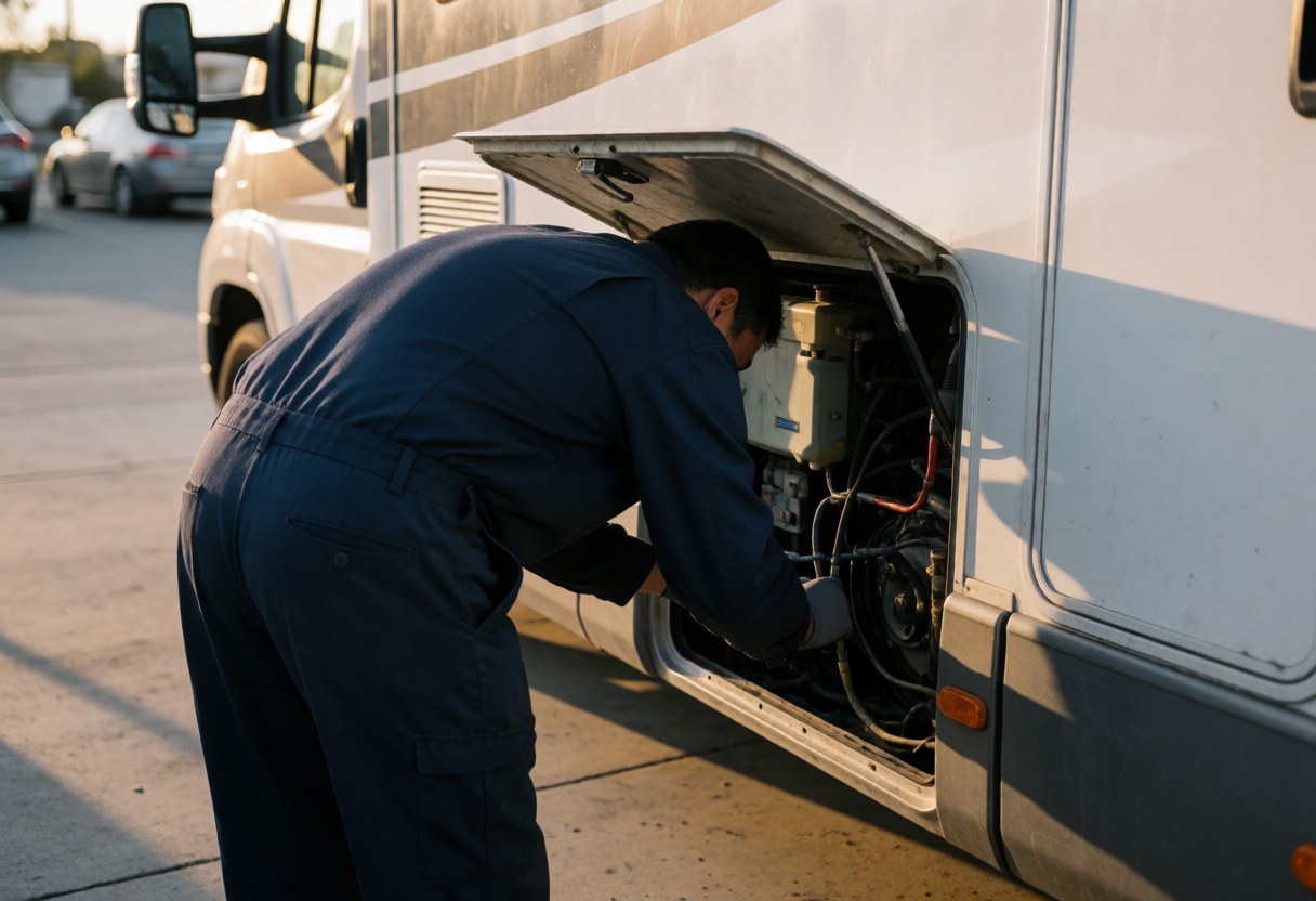 Technician in blue uniform checking pipes and motorhome components in a lot at sunset with warm light and long shadows
