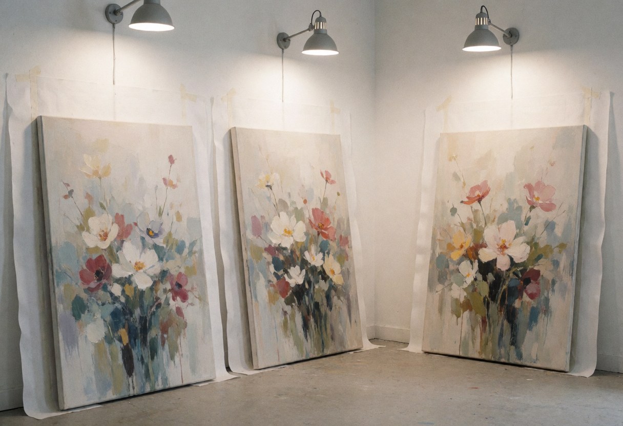 Three large canvases with abstract floral paintings leaning against white walls and lit by spotlights in an art studio with concrete floor