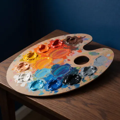 Wooden artist palette holding fresh acrylic paint in warm and cool tones on a dark wooden table with a navy blue background