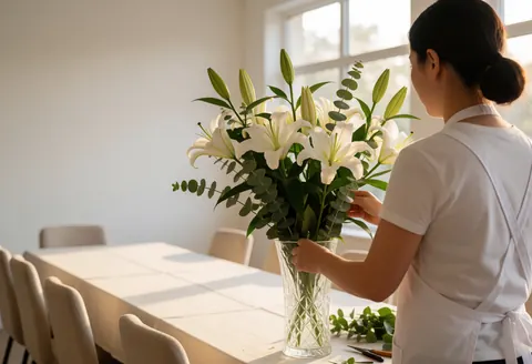 A florist in a white apron arranges white lilies and eucalyptus in a glass vase on a long table with white linens and empty chairs, lit by natural window light.