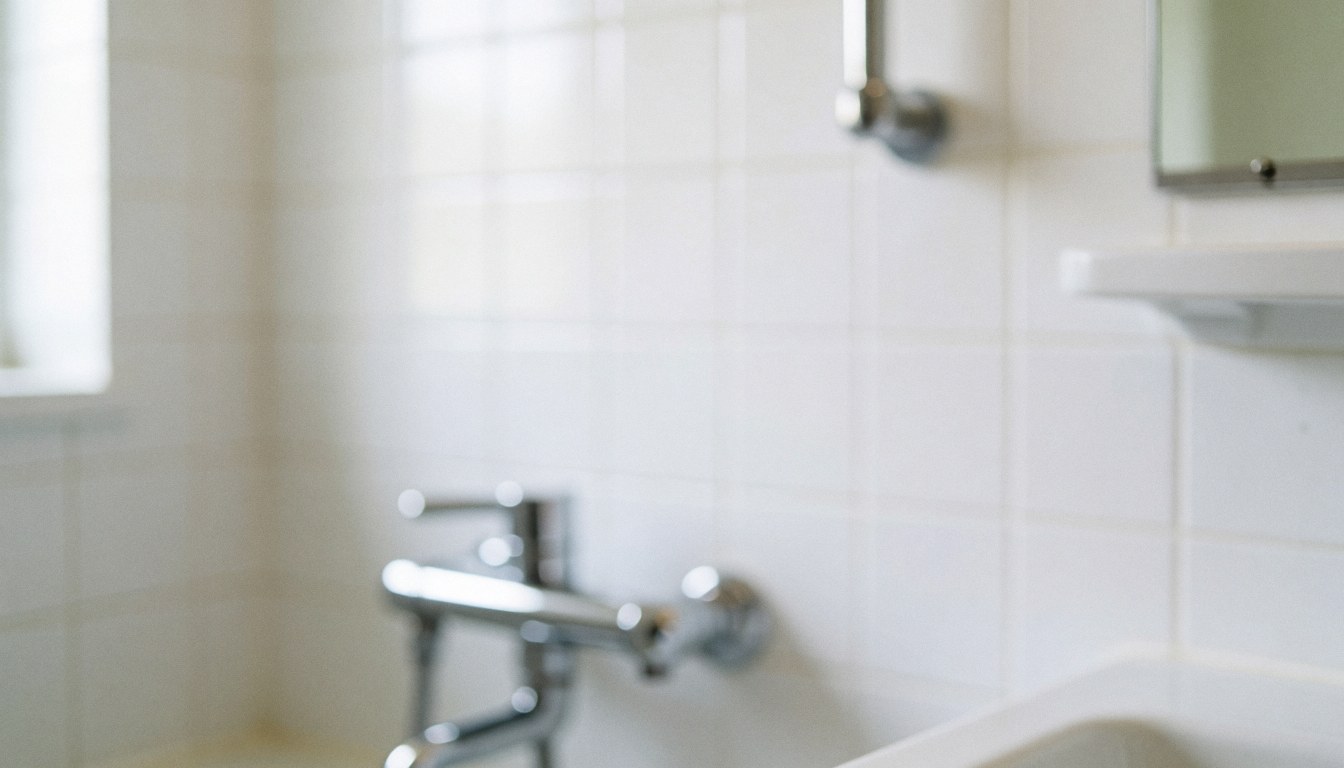 Soft focus background of white ceramic tiles and a chrome faucet with natural light, suitable for plumbing service text overlays