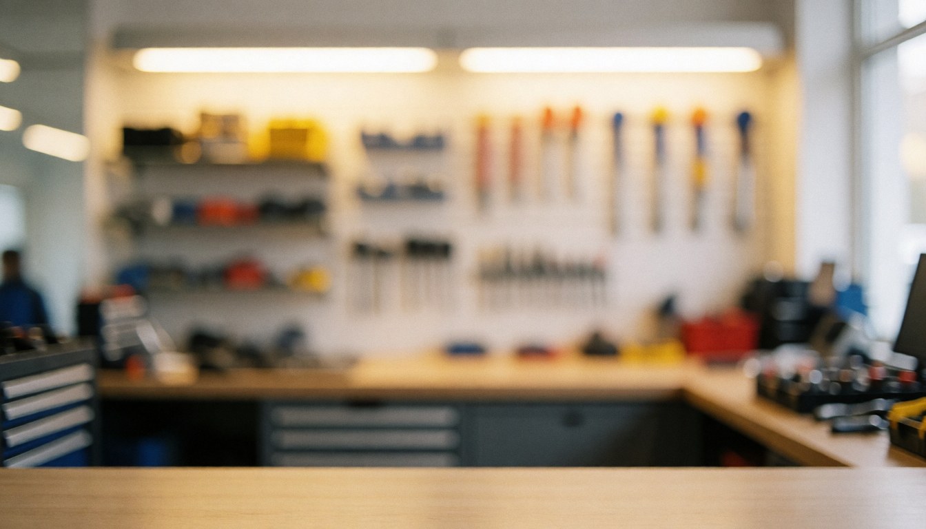 Soft focus background of a repair shop featuring tool shelves and wall-mounted equipment illuminated by warm lighting.