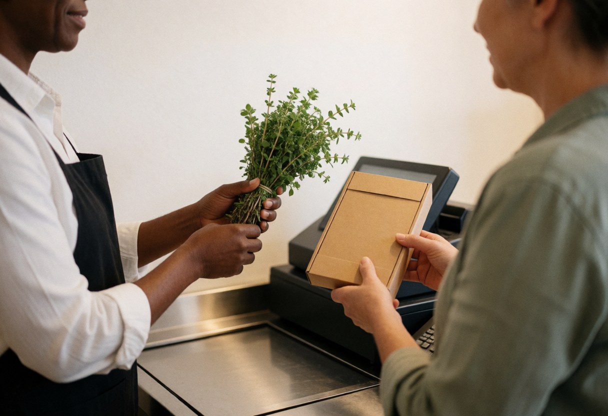 Fresh herbs in a kraft paper box handed to a customer at a cooking class counter.