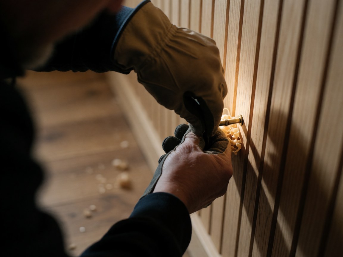 Close-up of a gloved hand adjusting a bronze screw in oak wood with shavings nearby and warm lighting against a blurred wooden subfloor background