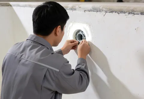 Technician in gray uniform adjusting a white return valve on an empty pool wall under bright overhead light