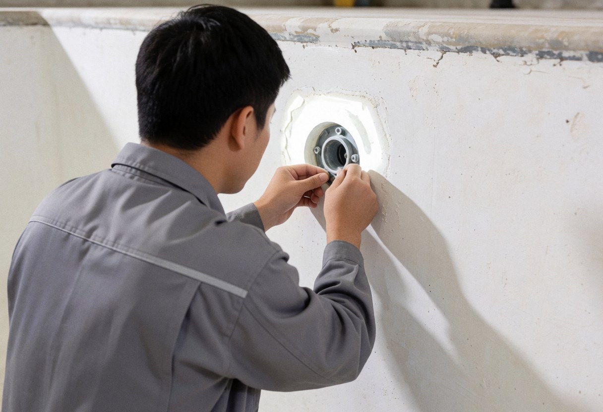 Technician in gray uniform adjusting a white return valve on an empty pool wall under bright overhead light