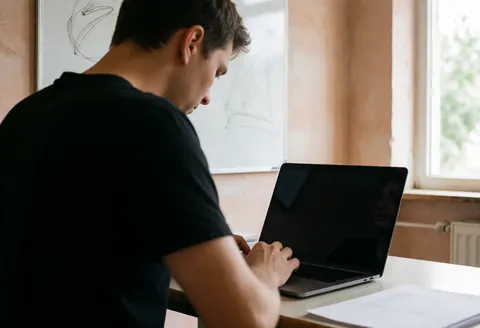 Adult student working on a laptop at a desk with a whiteboard and natural light in the background