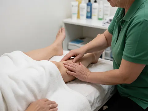 Therapist massaging leg with circular motions, client covered with white blanket, background with shelves of body care products.