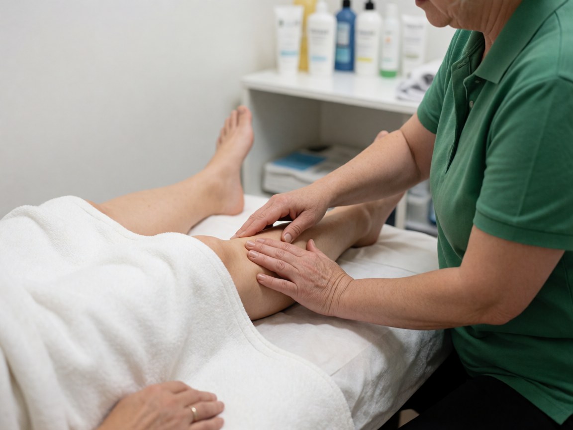 Therapist massaging leg with circular motions, client covered with white blanket, background with shelves of body care products.