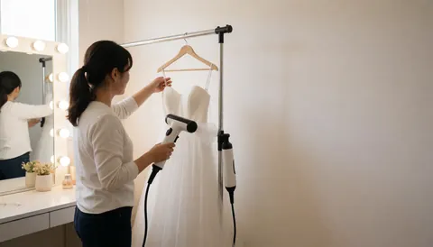 A professional uses a hair dryer to dry a white wedding gown near a lighted mirror in a bridal salon.