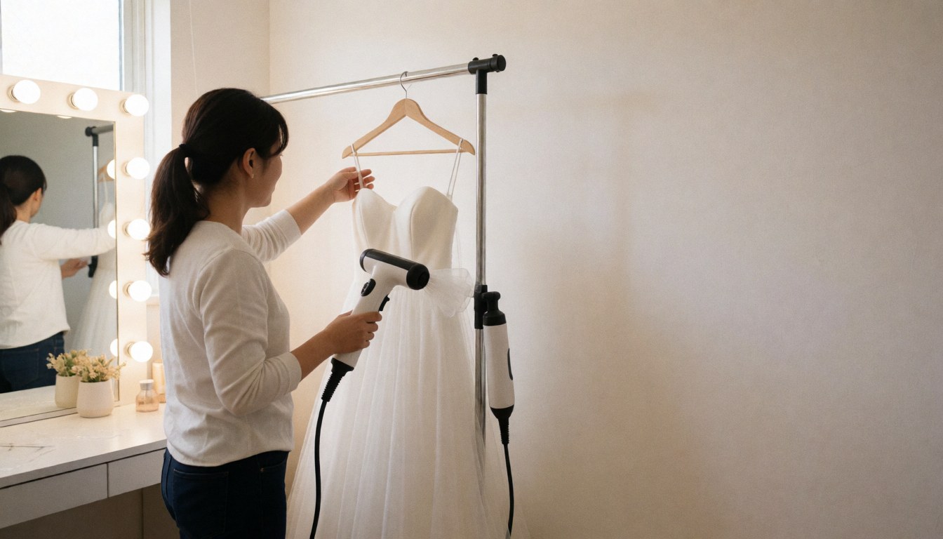 A professional uses a hair dryer to dry a white wedding gown near a lighted mirror in a bridal salon.