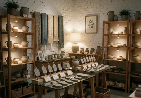 Wooden shelves and glass tables displaying ceramic pottery, woven textiles, and clay amulets under warm lighting in a craft shop interior.