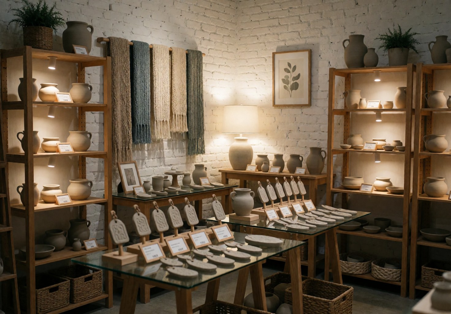 Wooden shelves and glass tables displaying ceramic pottery, woven textiles, and clay amulets under warm lighting in a craft shop interior.