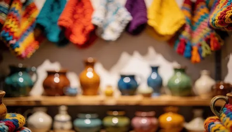 Soft and vibrant background featuring ceramics and hanging woven textiles, ideal for craft workshop text overlays
