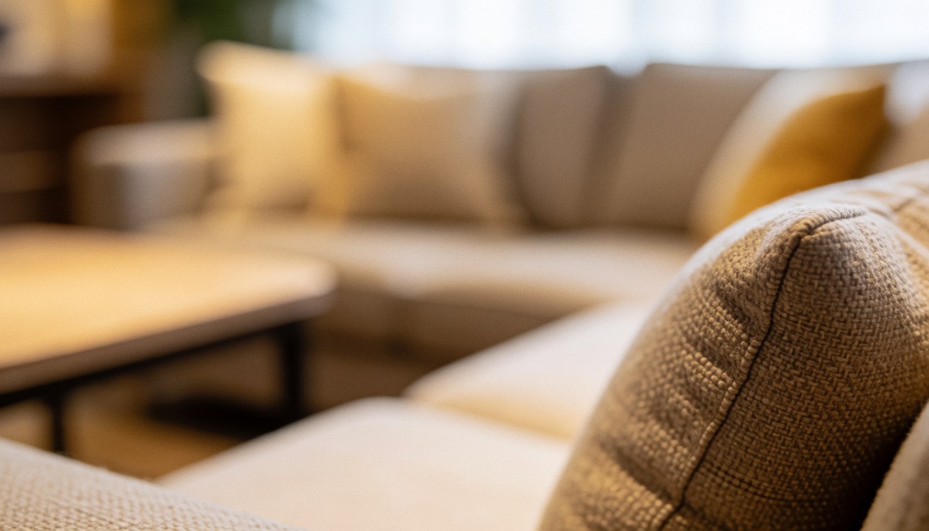 Close-up of a textured sofa cushion with a warm, blurred living room background, featuring soft fabric details and natural light.