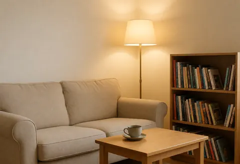 Cozy corner featuring a beige sofa, wooden table with a cup, bookshelf filled with books, and a floor lamp softly illuminating the beige wall.