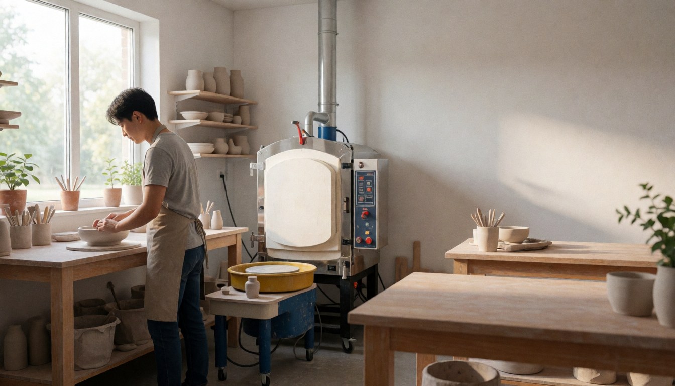 Ceramic artist working in a studio with kiln, pottery wheel, and tools on wooden tables with natural light from window