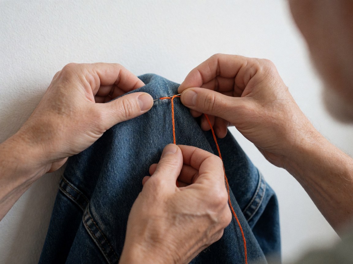 Hands sewing blue denim fabric with orange thread, visible mending technique, white background, natural light, detailed stitching