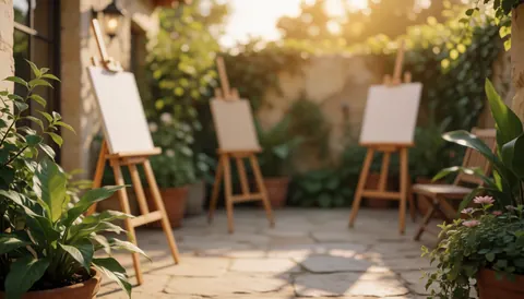 Three wooden easels in a stone patio with green plants under warm sunset light, ideal for text background.