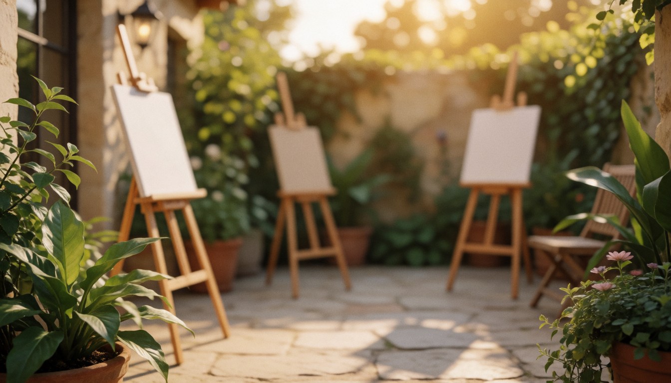 Three wooden easels in a stone patio with green plants under warm sunset light, ideal for text background.