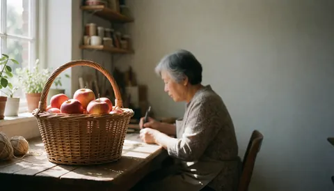 Basket of fresh apples on a wooden table in a craft workshop with natural light and material shelves