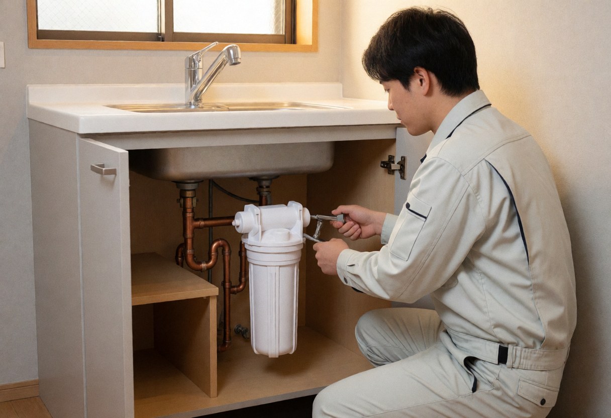 Plumber in uniform installs a white water filter under a kitchen sink using a filter wrench with visible copper pipes and natural light.
