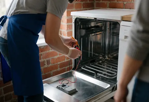 Technician in blue apron testing dishwasher heating element with multimeter against red brick wall