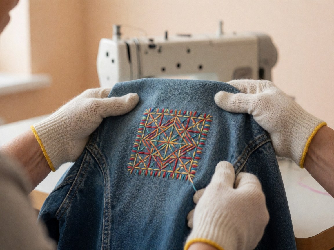 Close-up of gloved hands holding a denim jacket featuring a visible sewing patch in a craft workshop setting