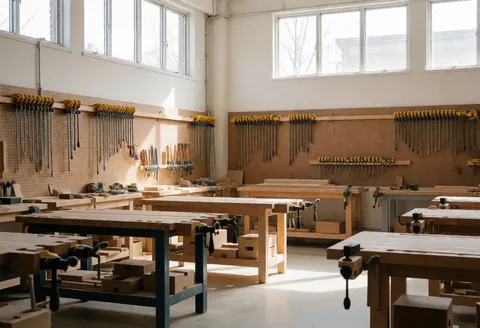 Clean furniture repair workshop featuring workbenches, wall-mounted tools, and natural light from high windows